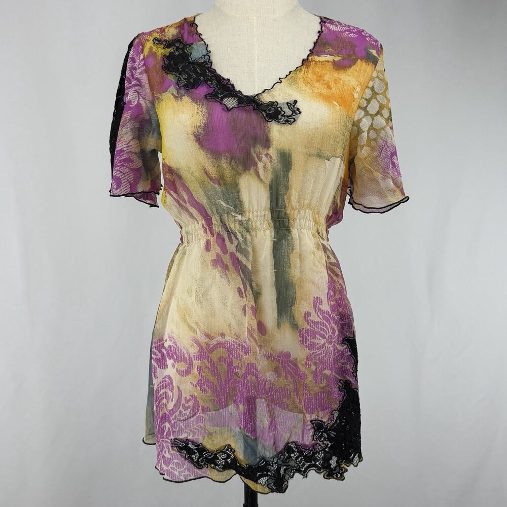 Y2K Mushka Sheer Boho Top Womens S Fairycore Lace Trim Cinched Waist